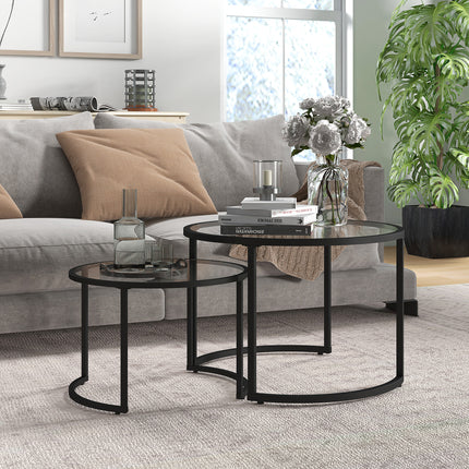 Glass Coffee Table Set of 2, Round Nest of Tables w/ Tempered Glass Tabletop, Steel Frame, Modern Side Tables for Living Room, Black | HOMCOM-8