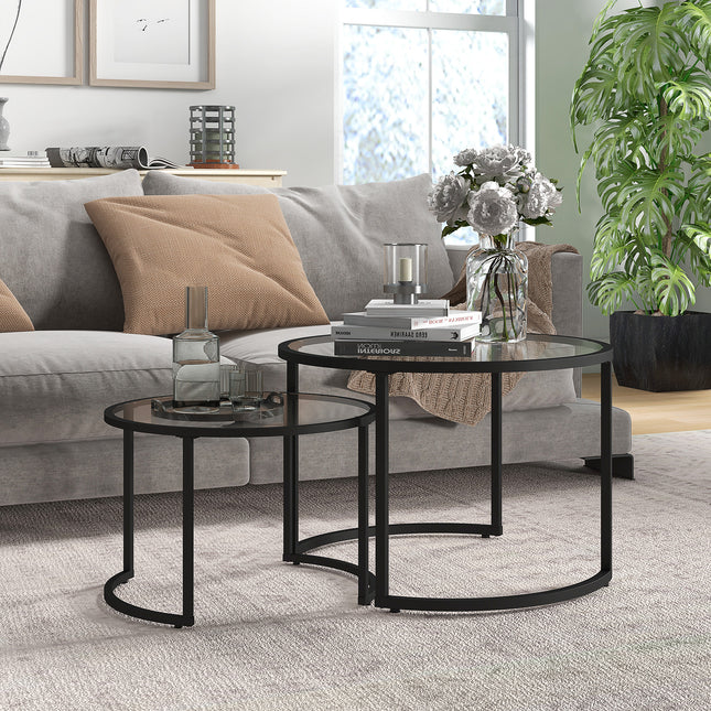 Glass Coffee Table Set of 2, Round Nest of Tables w/ Tempered Glass Tabletop, Steel Frame, Modern Side Tables for Living Room, Black | HOMCOM-8