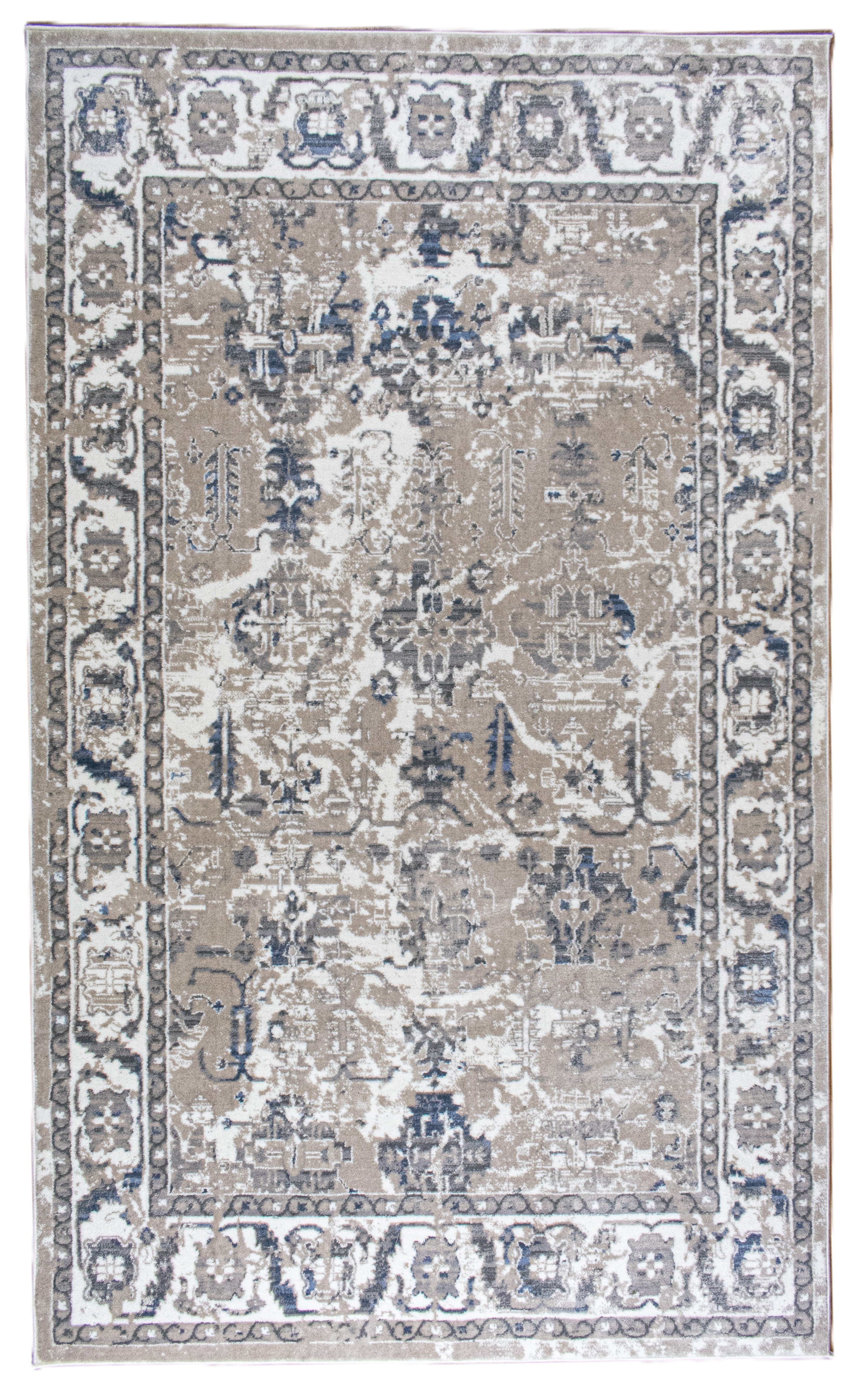 Decorative rug with intricate pattern in beige, blue, and white on a plain background