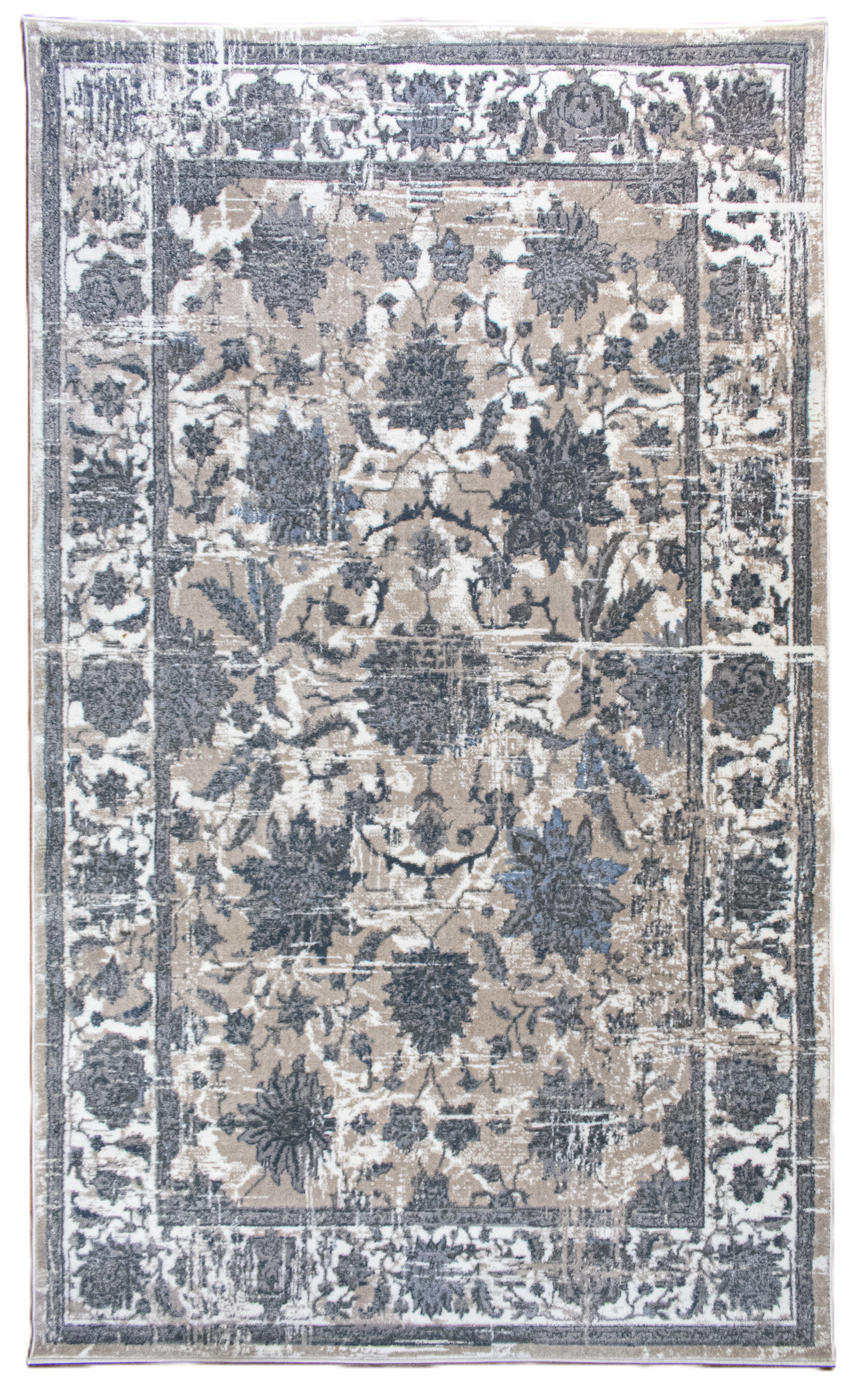 Decorative rug with floral pattern in gray and beige tones