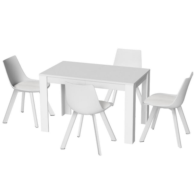 White table with four matching chairs on a white background