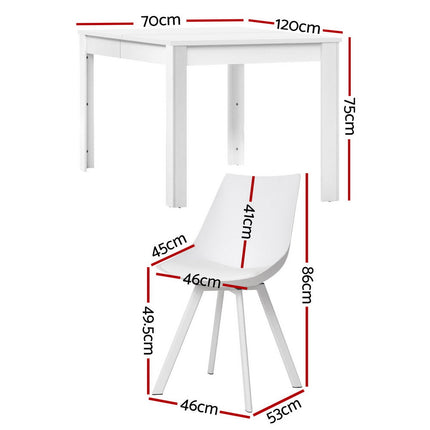 White dining table and chair with dimensions marked on a white background