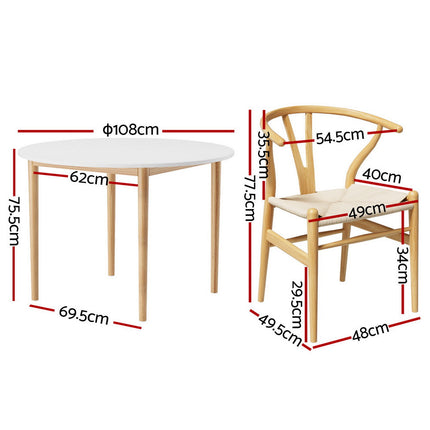 Measurement chart of a small table and chair set with dimensions labeled.