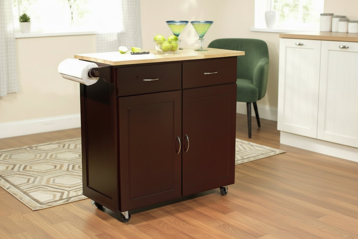 Wooden kitchen island cart with storage doors and a wooden countertop.