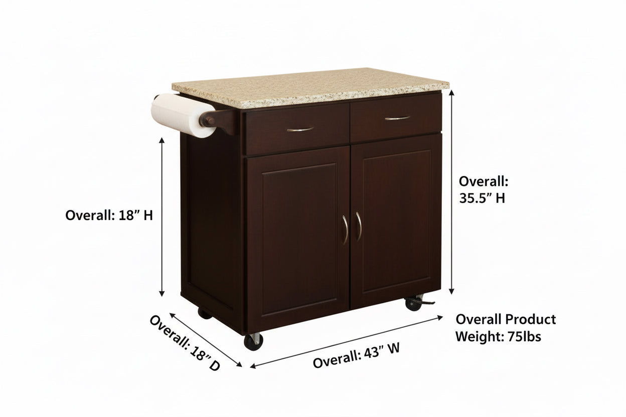 Wooden kitchen island cart with storage doors and a wooden countertop.