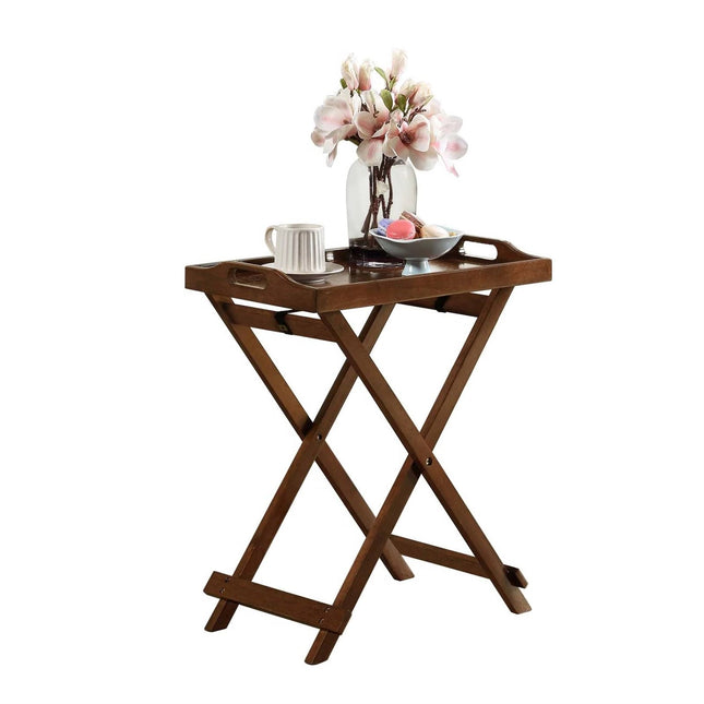 Wooden serving tray with a cup, saucer, and flowers on a white background