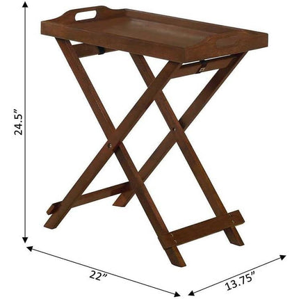 Wooden folding tray table with dimensions on a white background