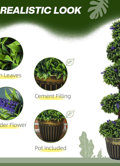Set of 2 Decorative Artificial Plants, Boxwood Spiral Topiary Tree with Lavender and Pot, Fake Plants for Home Indoor Outdoor Decor, 115cm-3