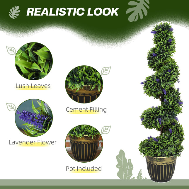 Set of 2 Decorative Artificial Plants, Boxwood Spiral Topiary Tree with Lavender and Pot, Fake Plants for Home Indoor Outdoor Decor, 115cm-3
