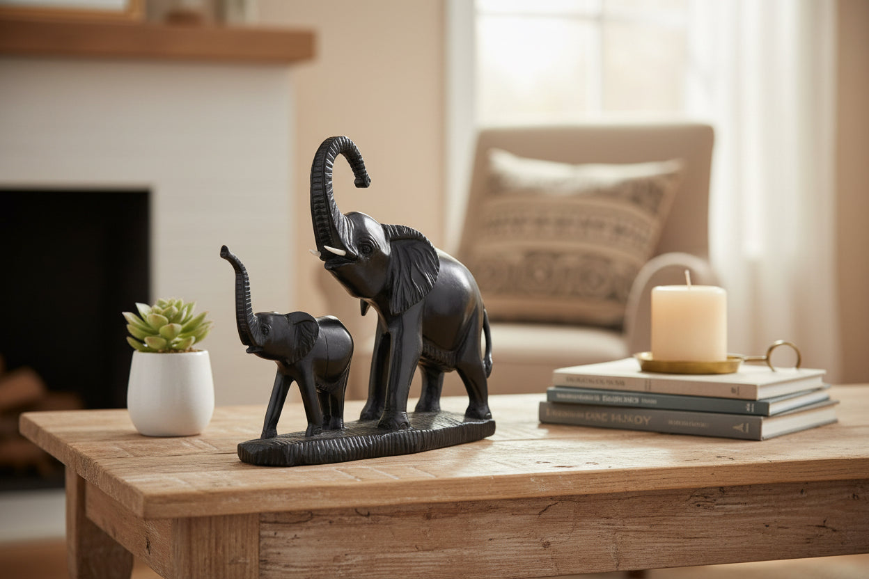 Black elephant and calf figurine on a white background