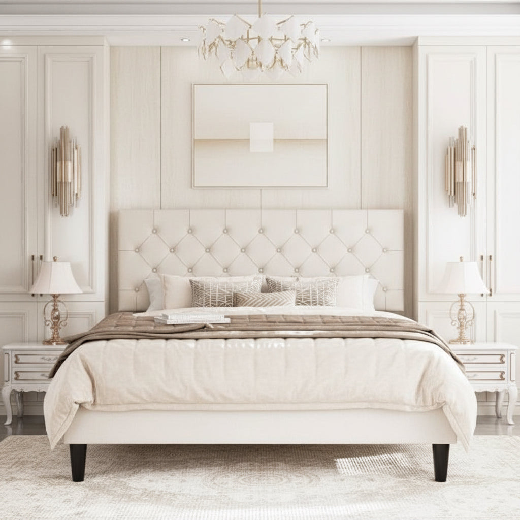 Luxurious bedroom with marble wall, tufted headboard, and elegant decor.