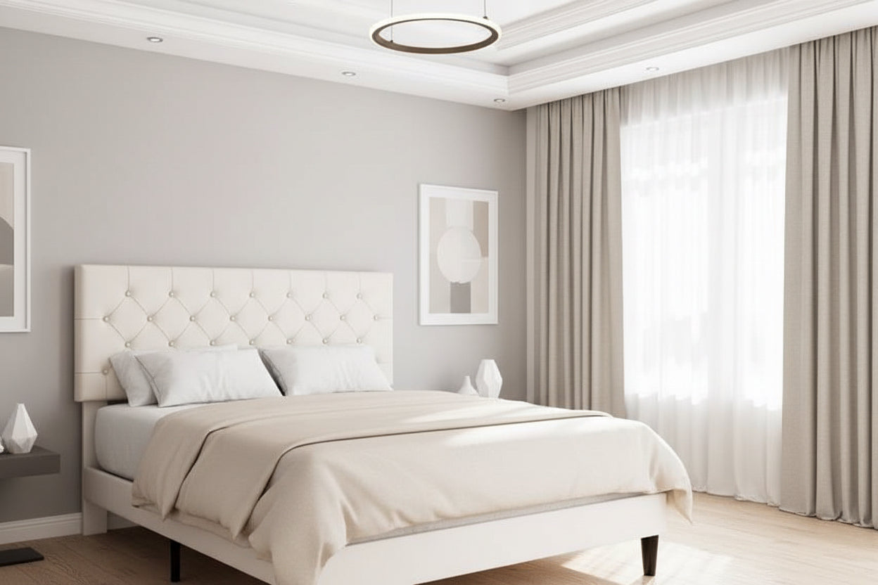 Luxurious bedroom with marble walls, a large bed, and decorative elements.
