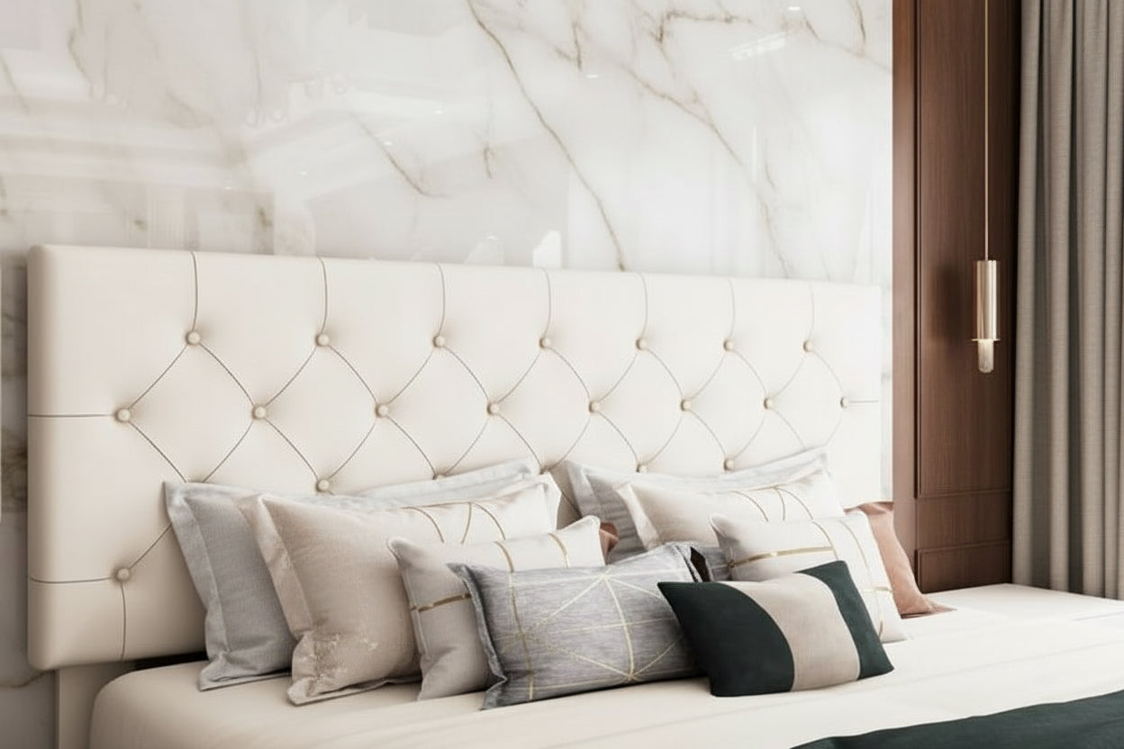 Bed with tufted headboard and decorative pillows against a marble wall.