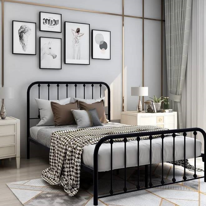 Full size Classic Black Metal Bed Frame with Slatted Headboard and Footboard-0