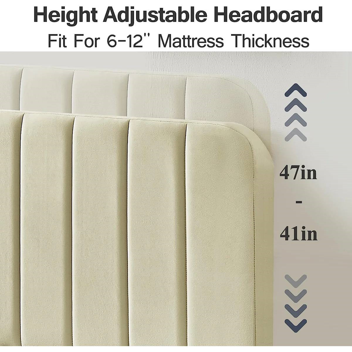 Beige height adjustable headboard with mattress thickness measurement details.