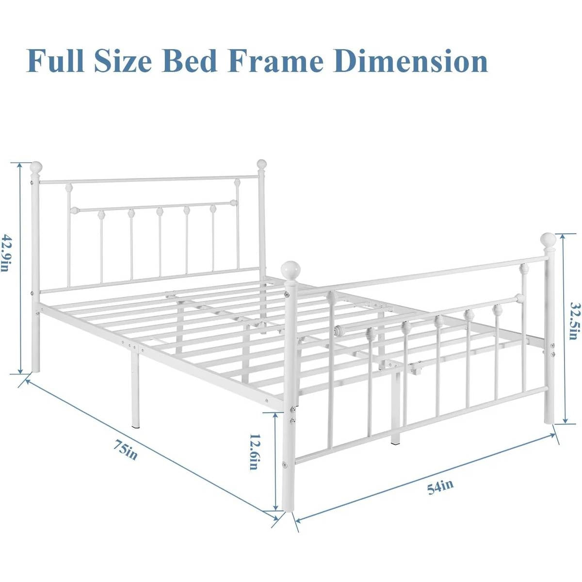 White metal bed frame with dimensions labeled on a white background