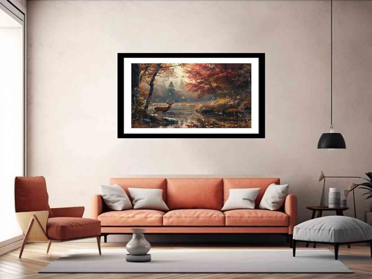 Framed painting above an orange sofa in a living room