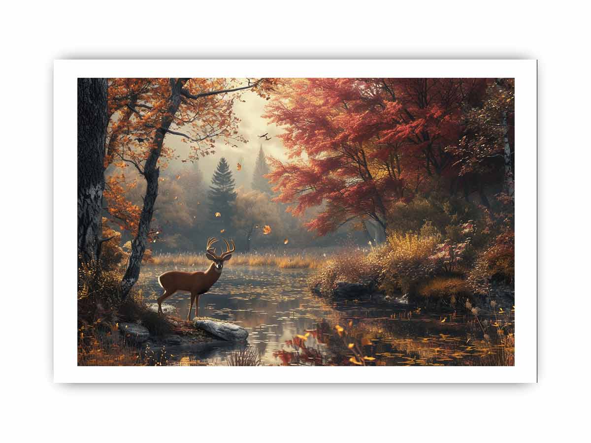 Framed artwork of a deer in a forest with autumn colors