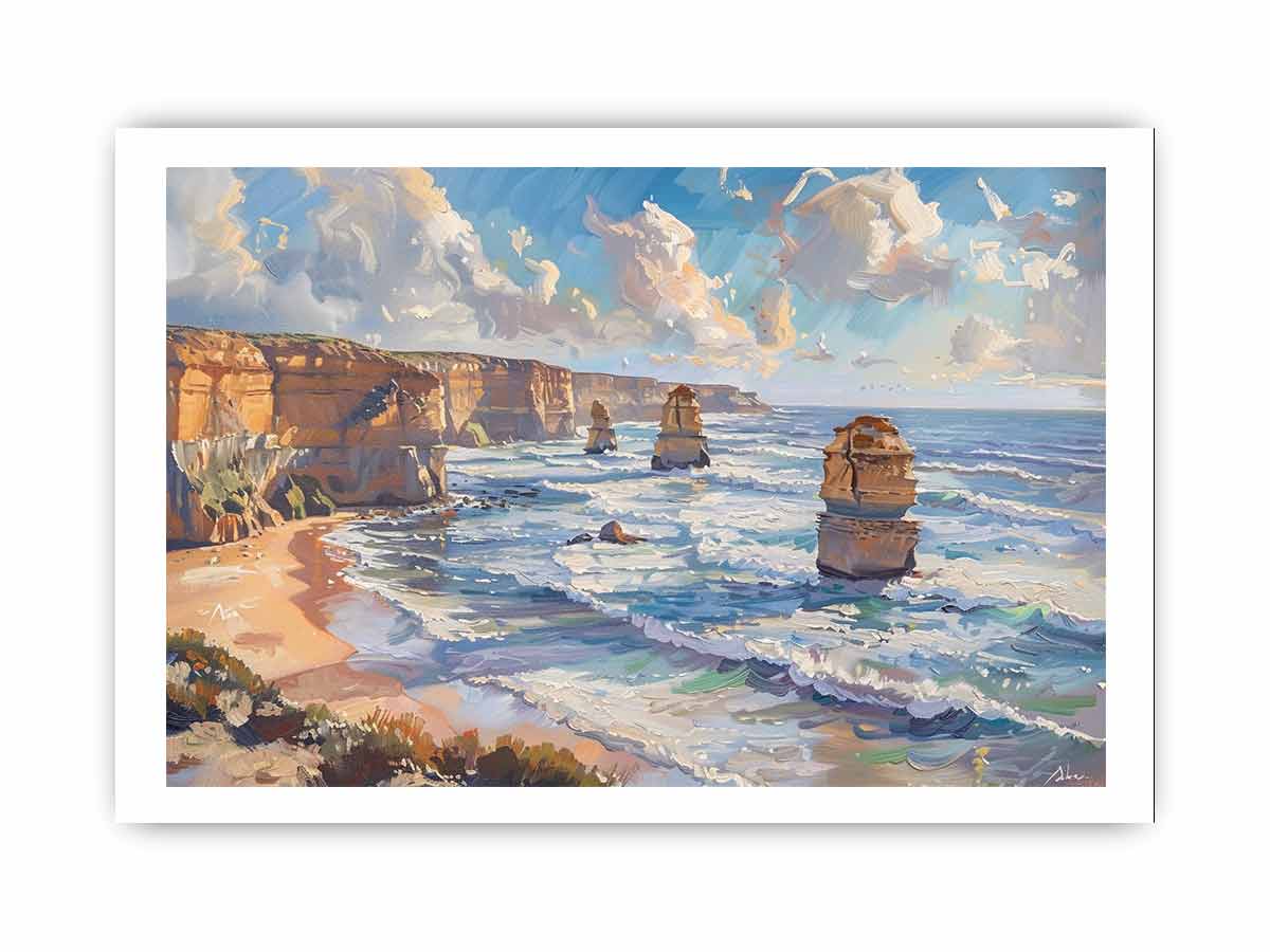 Framed artwork of the Twelve Apostles along a coastal landscape.