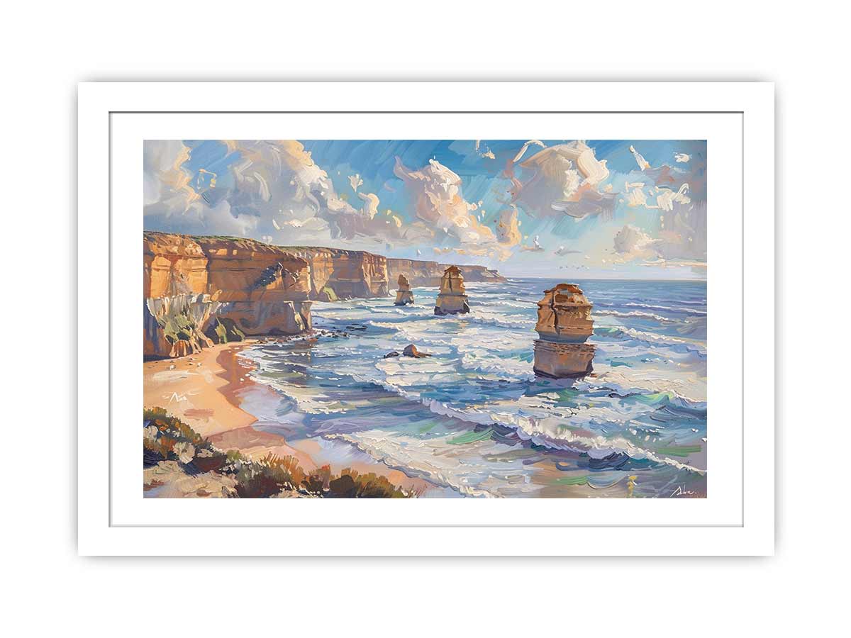 Framed artwork of a coastal scene with cliffs and ocean waves.