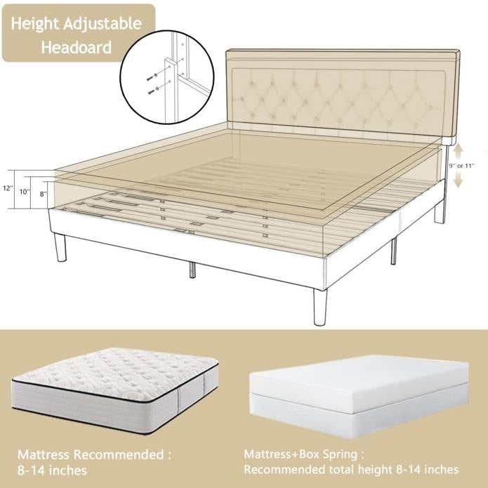Bed frame with height adjustable headboard and mattress options on a beige background