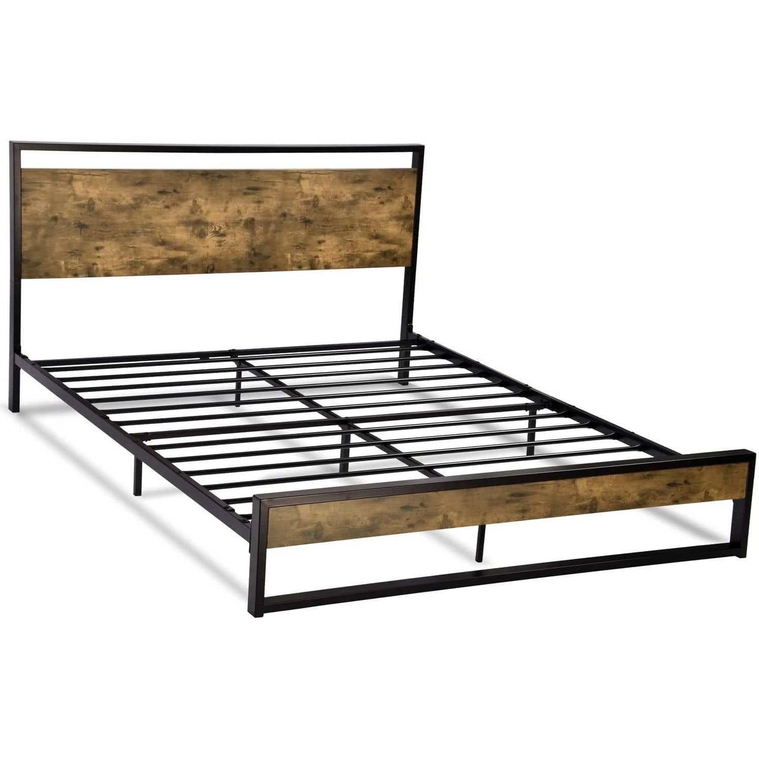 Bed frame with wooden headboard and metal base on a white background