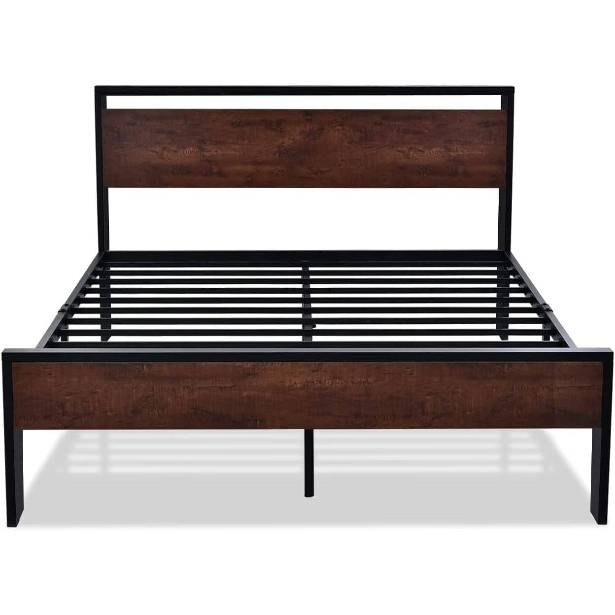 Wooden bed frame with metal slats on a white background