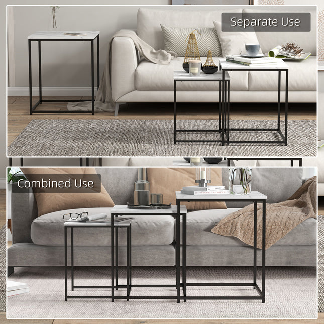 HOMCOM Nesting Tables Set of 3, Side End Table with Faux Marble Effect Top and Steel Legs for Living Room, Bedroom in White-2