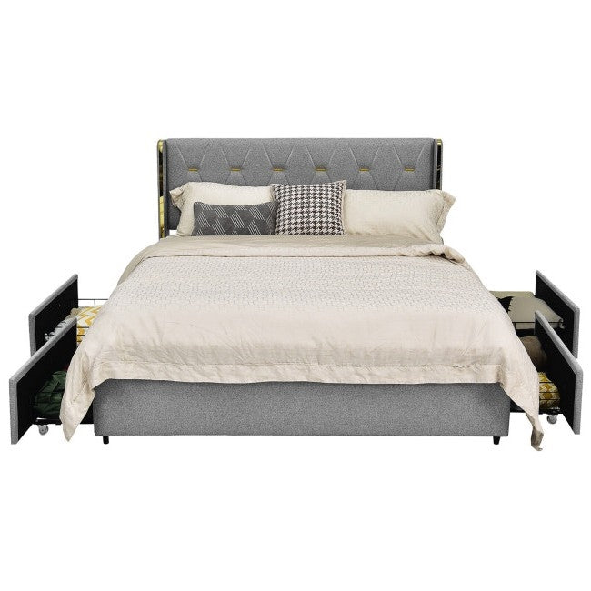 Gray upholstered bed with storage drawers on a white background