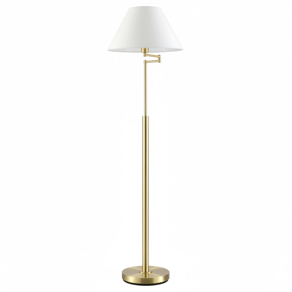 Floor lamp with gold base and white shade on a white background