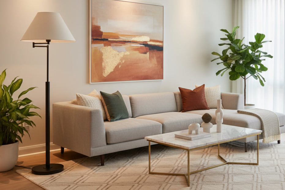 Floor lamp with a white shade and black base on a white background