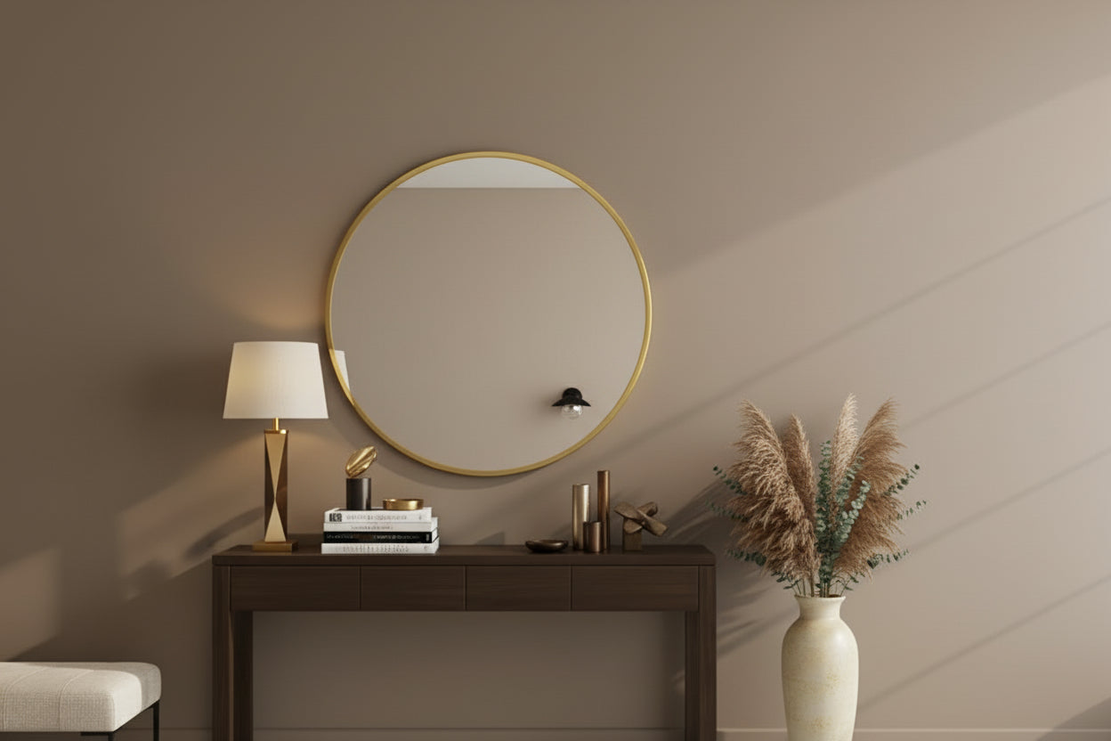Round gold-framed mirror on a wall above a sink with decorative items.