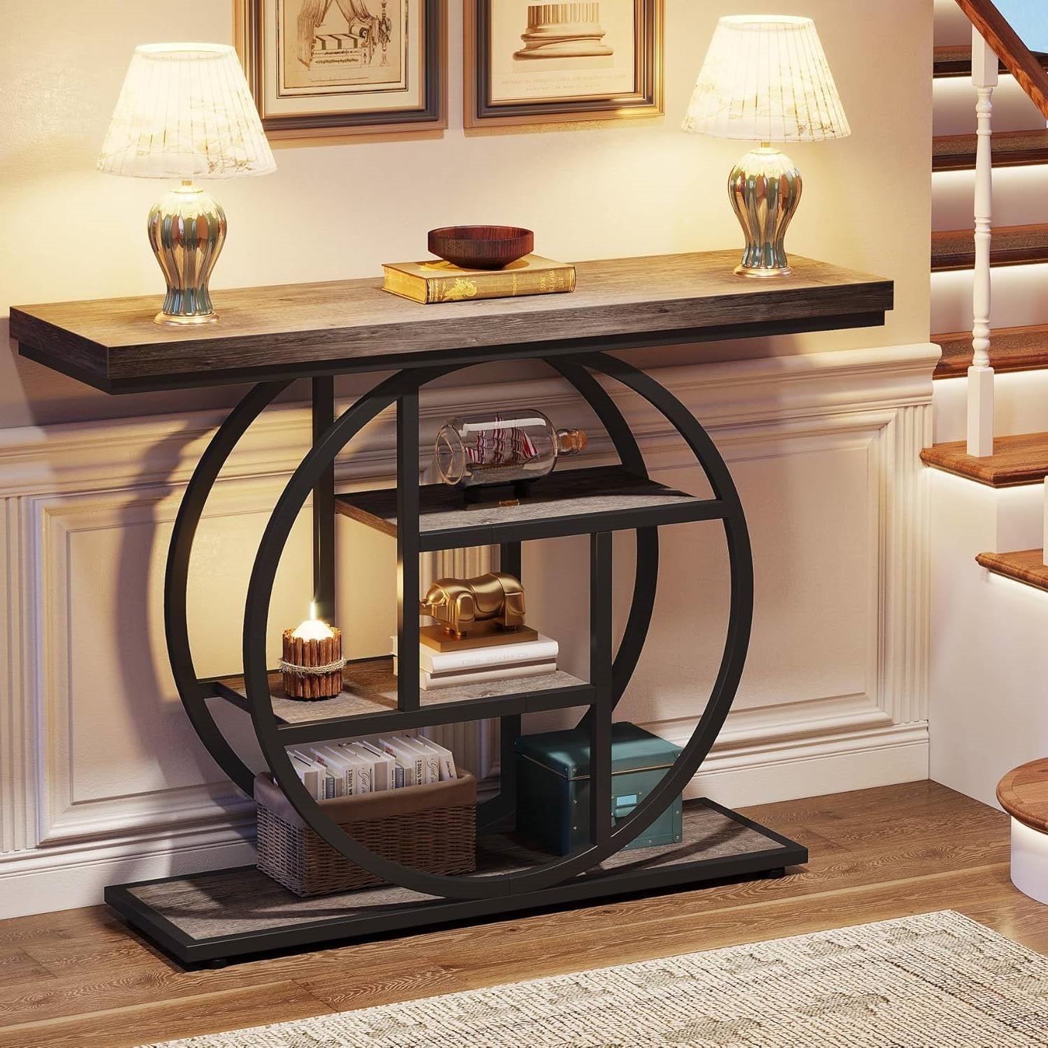 Console table with wooden top and metal base in a home setting