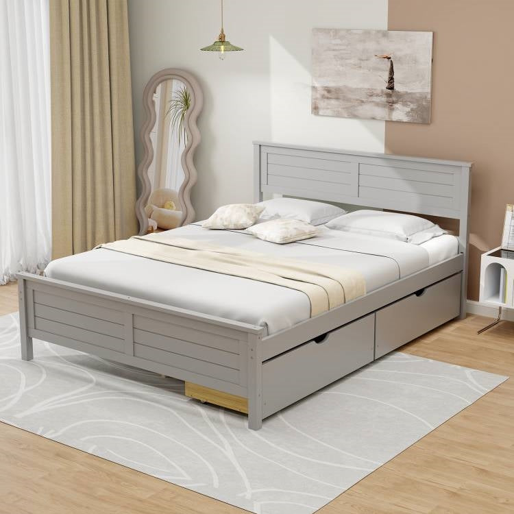 Gray wooden bed with storage drawers in a bedroom setting.
