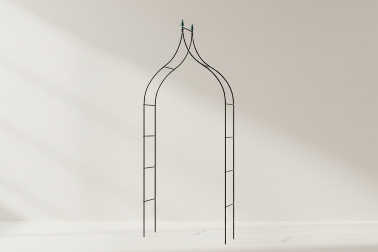 Black metal garden arch on a white background