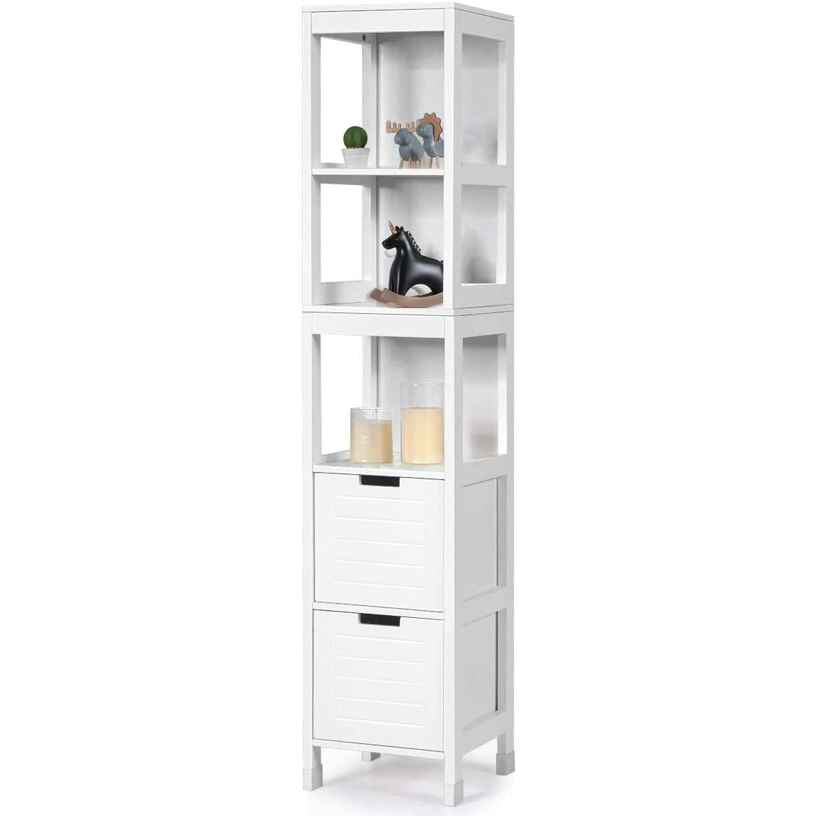 White bookshelf with decorative items on a white background