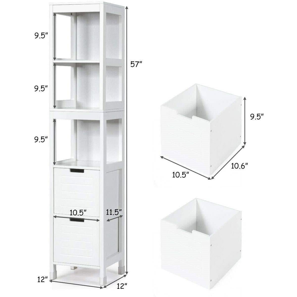 White bookshelf with dimensions labeled on a white background