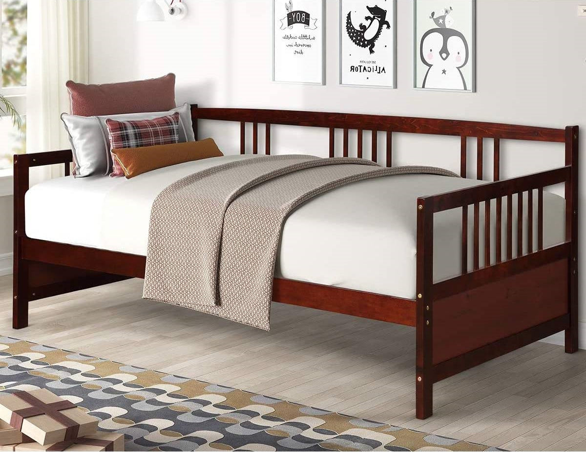 Twin size 2-in-1 Wood Daybed Frame Sofa Bed in Brown Cherry Finish-0