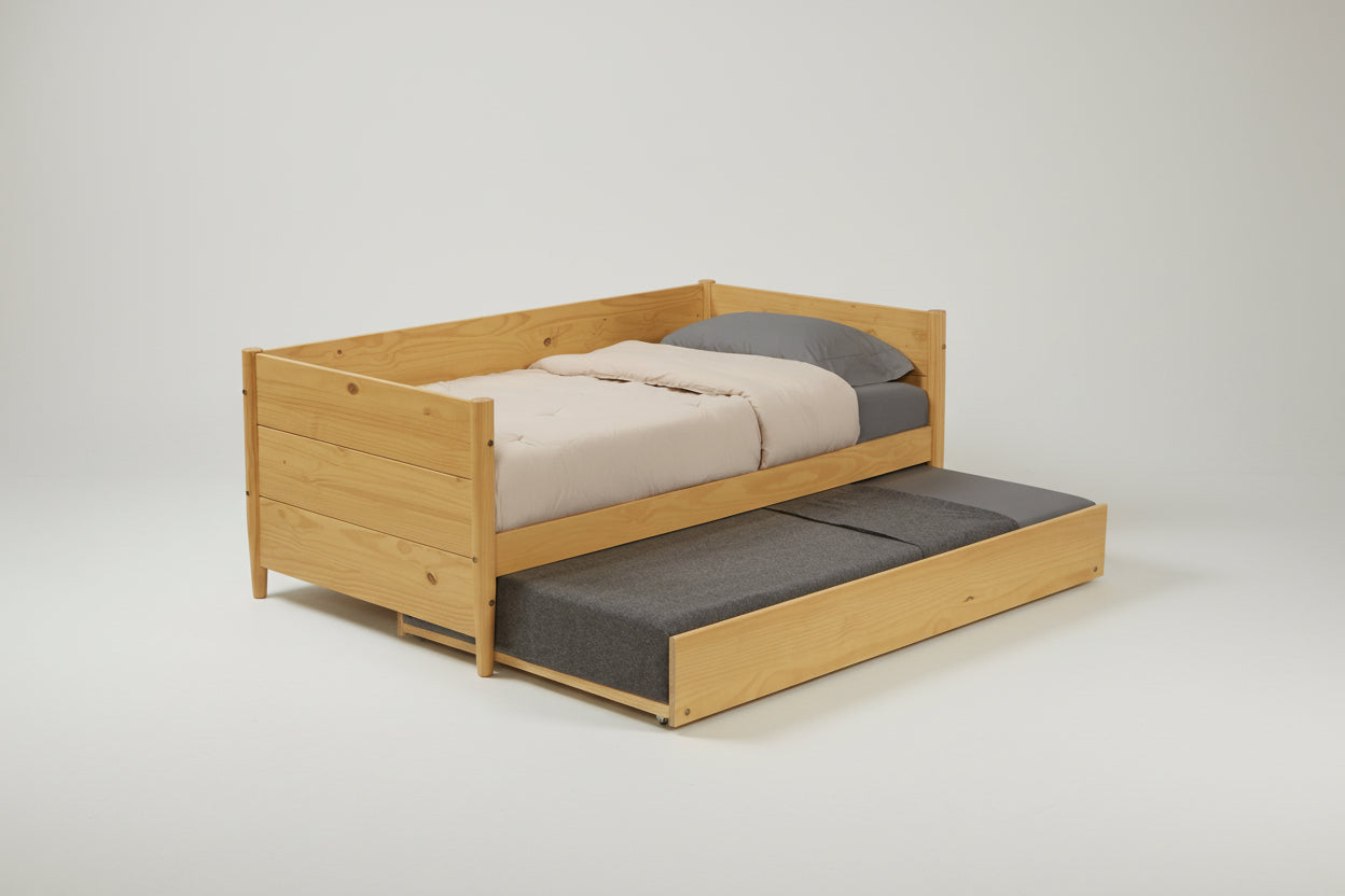 Twin Solid Wood Daybed with Roll Out Trundle Bed Frame in Light Yellow Brown-0