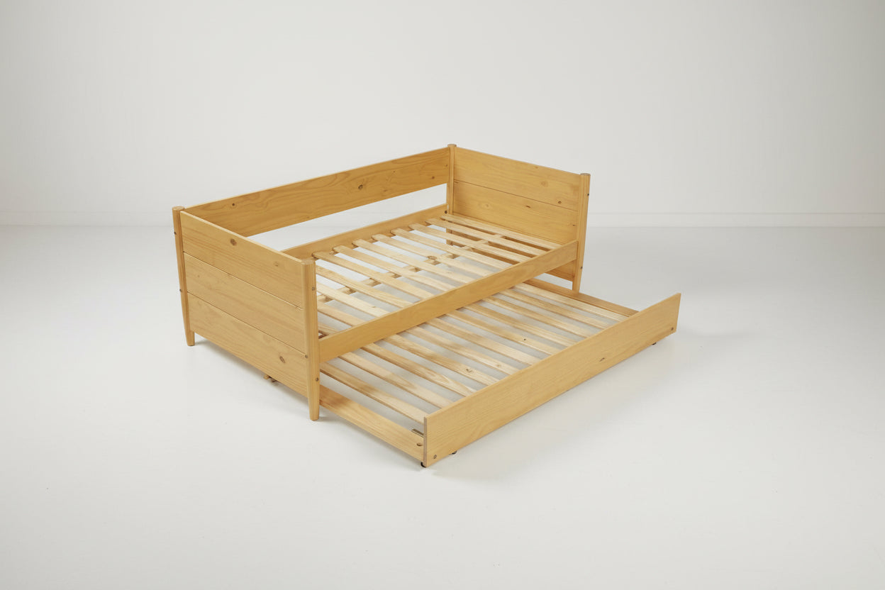 Twin Solid Wood Daybed with Roll Out Trundle Bed Frame in Light Yellow Brown-2