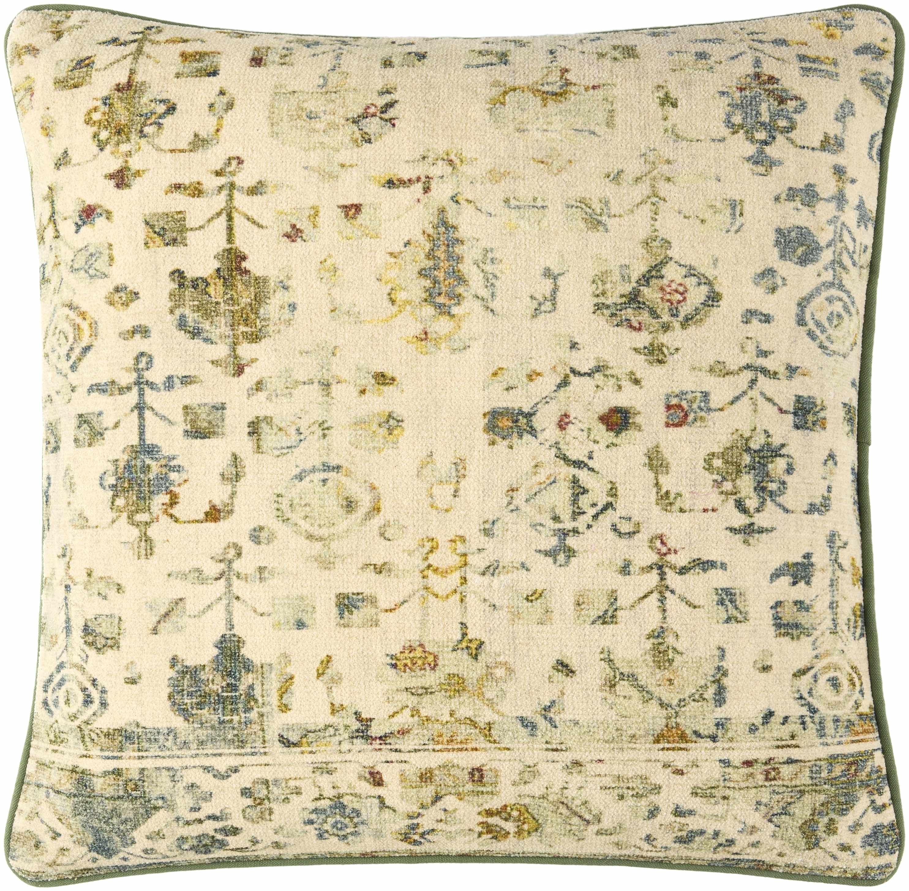 Decorative pillow with intricate floral and geometric pattern on a beige background