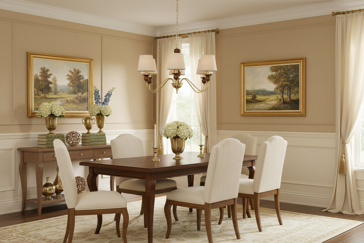 Chandelier with beige lampshades and wooden accents on a white background