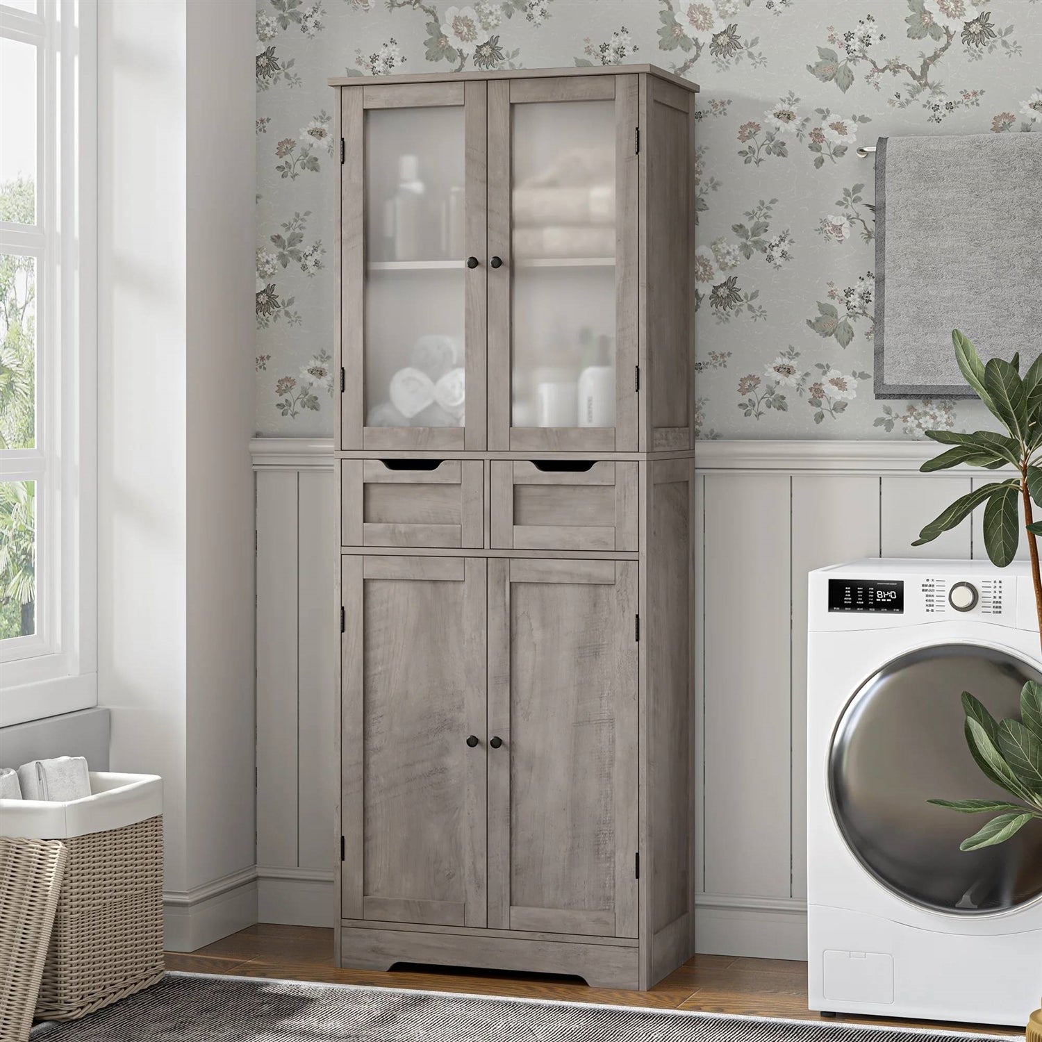 Farmhouse Bathroom Linen Cabinet with Storage Drawers in Grey Taupe Wood Finish-1