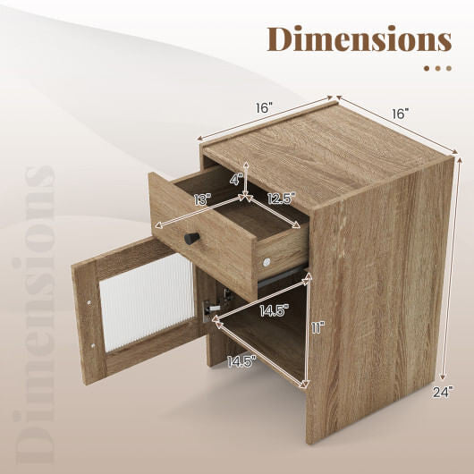 Wooden cabinet with open drawer showing dimensions on a beige background