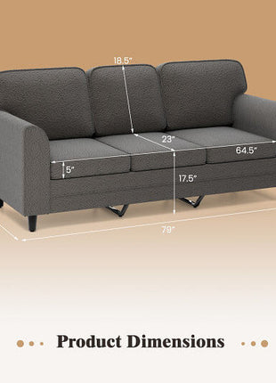 Upholstered Teddy Velvet 3-Seat Sofa with Comfy Back Pillows-Gray-2