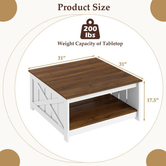 Wooden coffee table with dimensions and weight capacity on a beige background