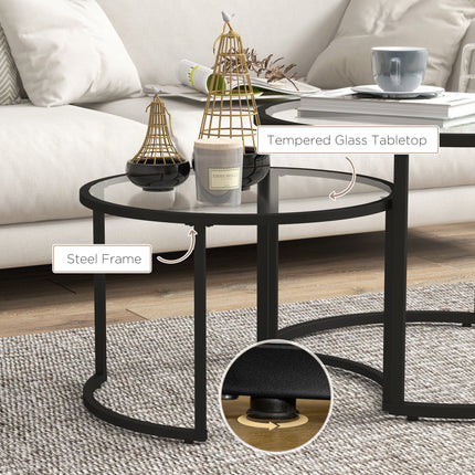 Glass Coffee Table Set of 2, Round Nest of Tables w/ Tempered Glass Tabletop, Steel Frame, Modern Side Tables for Living Room, Black | HOMCOM-4