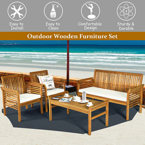 4 Pieces Outdoor Acacia Wood Sofa Furniture Set-3