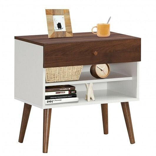 Wooden nightstand with a white bottom shelf and brown top, featuring decorative items.