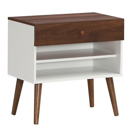 Wooden side table with a brown top and white base on a white background